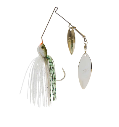 A fishing jig lure with a white and green skirted body, a metal hook, and two spinner blades in a metallic gold and silver finish, isolated on a white background.