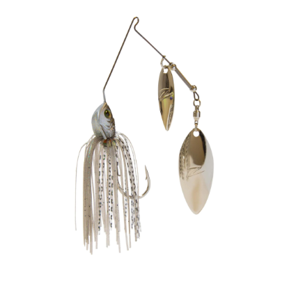 A fishing jig lure with a silver and white skirted fish head, a metal hook, and two spinner blades on a wire frame, isolated on a white background.