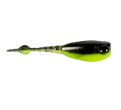 Black and lime green segmented fishing lure with a small paddle tail.