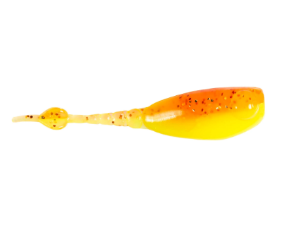 A soft plastic fishing lure with a translucent yellow and orange body, speckled with small dark brown particles, on a solid white background.