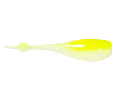 A translucent yellow and white soft plastic fishing lure with a split tail, shown against a plain white background.
