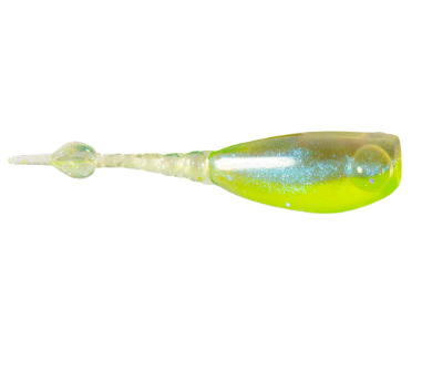 A translucent soft plastic fishing lure with a bright chartreuse-yellow body, subtle blue-green glitter, and a clear, flexible tail on a solid white background.