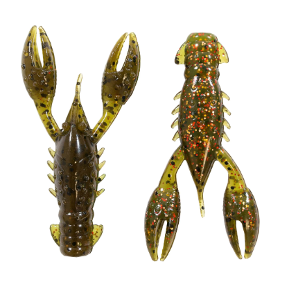 Two soft plastic crawfish fishing lures shown from opposite sides on a plain white background. One lure is dark olive-brown with black mottling, and the other is a glittery olive-green with orange and red sparkle flecks.
