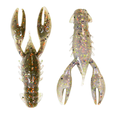 Two soft plastic crawfish fishing lures with glitter, shown from the top and side views on a solid white background.