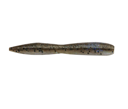 A soft plastic fishing lure shaped like a small baitfish, shown horizontally against a plain white background. The lure has a mottled, glittery finish with shades of brown, bronze, and black, accented by small blue iridescent flecks.