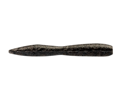 A single soft plastic fishing lure shaped like a leech, featuring a dark black and brown textured body with a metallic silver ribbed top edge, shown against a plain white background.