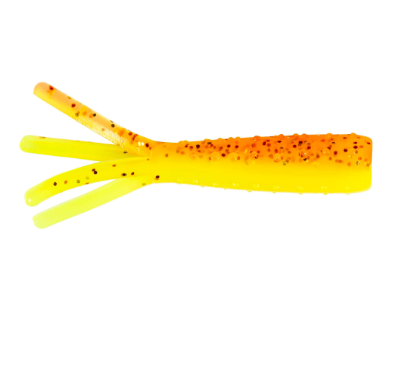 A soft plastic fishing lure with three legs, featuring a bright yellow body with an orange gradient and tiny black glitter flecks, isolated on a white background.