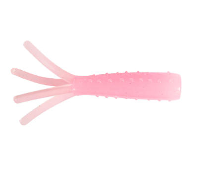 A translucent pink silicone fishing lure with a textured body and three curved tail strands, shown against a plain white background.