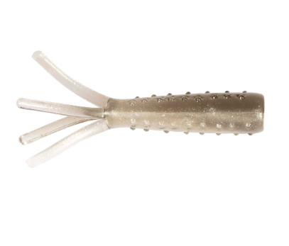 Translucent grey soft plastic fishing lure with textured body and four tentacles.