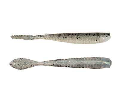 Two soft plastic fishing lures shown against a plain white background, one above the other. The lures are translucent with a glittery finish and speckled black and silver pattern.
