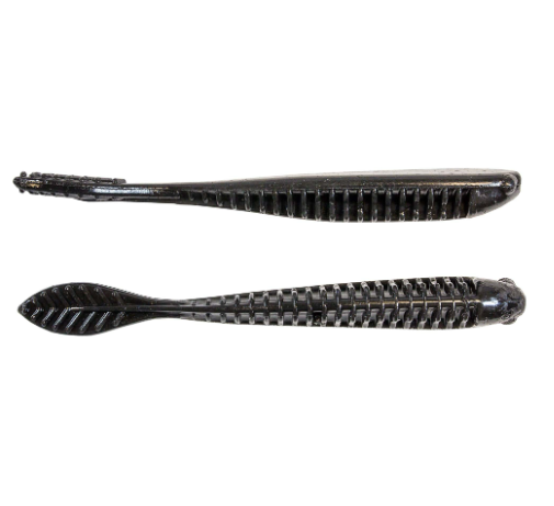Two black plastic fishing lures with ribbed bodies and forked tails, displayed horizontally against a plain white background.