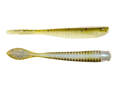 Two soft plastic fishing lures shown against a white background, displaying the front and back views of a ribbed swimbait. The lures feature a translucent olive-green body with fine glitter and small dark flecks.