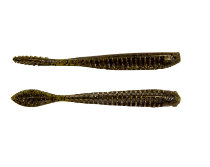 Two soft plastic fishing lures shaped like small segmented worms, shown on a plain white background. One lure is oriented horizontally with the tail on the right, and the other is upside down with the tail on the left.