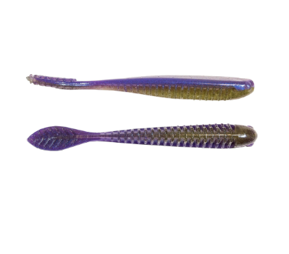 Two soft plastic fishing lures shown on a plain white background, one above the other. Each lure has a purple tail and body with an iridescent olive-green and gold shimmer along the top.