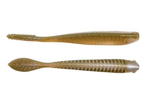 Two soft plastic fishing lures shown on a plain white background, one above the other. The lures are olive green with a ribbed body and a winged tail design.