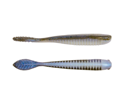 Two soft plastic fishing lures shown on a plain white background, one above the other. The top lure is translucent olive-brown with a ribbed body and a dark tail.