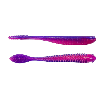 Two soft plastic fishing lures shown against a plain white background. The top lure is a long, slender bait in purple and magenta, and the bottom lure is a fish-shaped bait with a glittery purple head and a magenta body with dark vertical stripes.