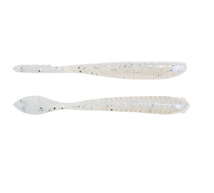 Two translucent white soft plastic fishing lures with black and silver glitter, shown horizontally on a plain white background.