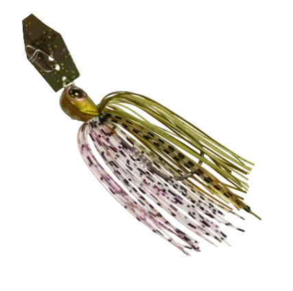 A fishing spinnerbait lure with a metallic gold head, a glittery olive-green blade, and a skirt made of translucent white strands with pink and black speckles, isolated on a white background.