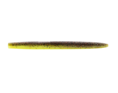 A soft plastic fishing lure shaped like a small baitfish, shown horizontally against a solid white background. The lure features a translucent olive-green top with fine black glitter flakes and a bright chartreuse-yellow underside.