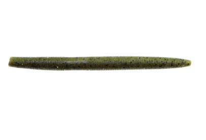 An olive green soft plastic fishing lure with black glitter flakes, shown horizontally against a plain white background.
