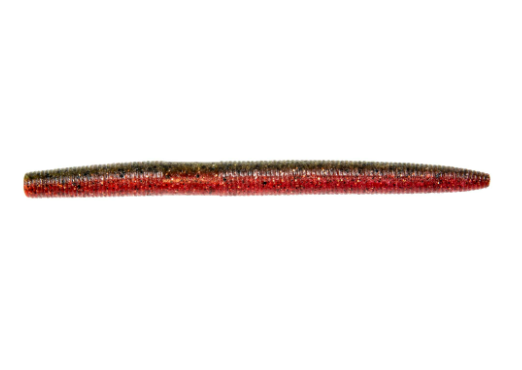 A soft plastic fishing lure shaped like a small worm, featuring a dark olive-green top and a glittery red-brown belly, shown against a plain white background.