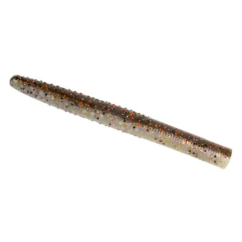 A single soft plastic fishing lure skirt with a textured body covered in fine glitter, shown diagonally on a plain white background.