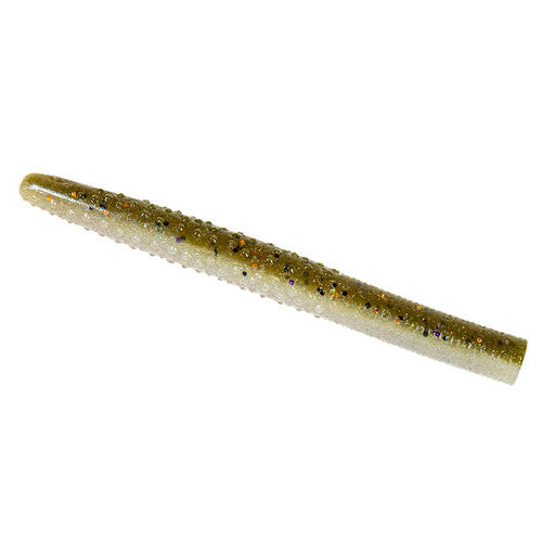 A soft plastic fishing lure blade with a textured body, featuring a gradient from olive green to cream with embedded glitter, shown on a plain white background.