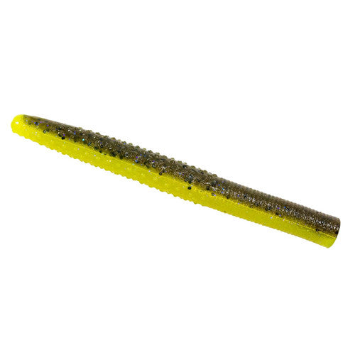 A soft plastic fishing lure shaped like a small shrimp or worm, featuring a bright chartreuse yellow body with a dark olive-brown glittery top section and black glitter flecks, shown on a plain white background.