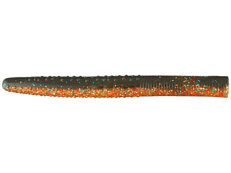 A soft plastic swimbait lure with a ribbed body, featuring a dark gray top half with black glitter and a bright orange bottom half with orange and multicolor glitter, shown against a plain white background.