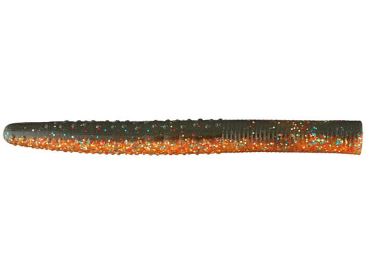 A soft plastic swimbait lure with a ribbed body, featuring a dark gray top half with black glitter and a bright orange bottom half with orange and multicolor glitter, shown against a plain white background.