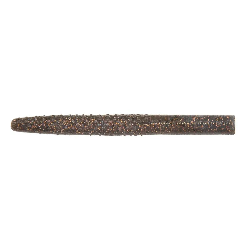 A single soft plastic fishing lure tail with a dark brown and bronze glitter finish, shown horizontally against a plain white background.