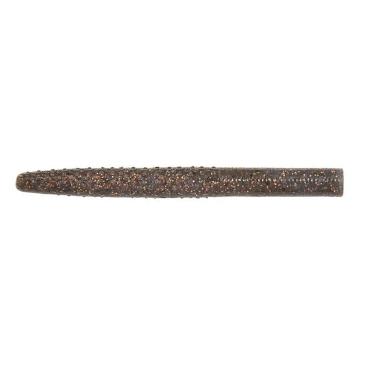 A single soft plastic fishing lure tail with a dark brown and bronze glitter finish, shown horizontally against a plain white background.