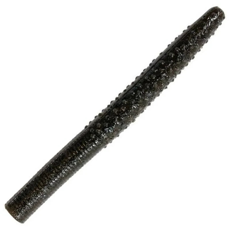 Dark, textured fishing lure, long and slender, with a rounded tip.
