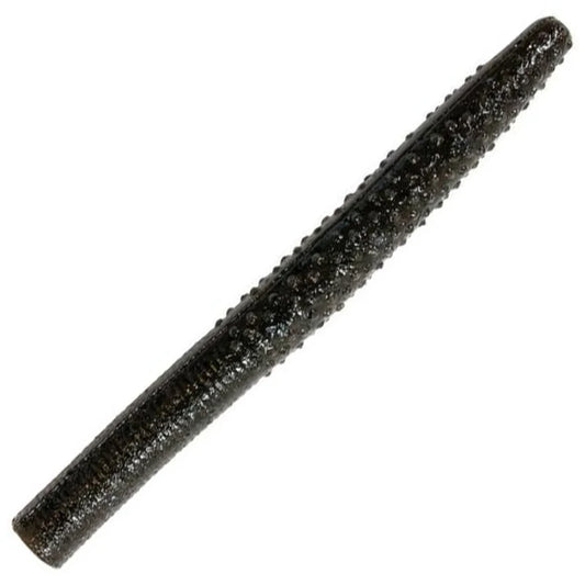 Dark, textured fishing lure, long and slender, with a rounded tip.