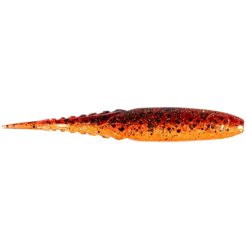 A soft plastic fishing lure shaped like a small worm or grub, shown horizontally on a plain white background. The lure is translucent orange-red with black glitter and dark mottled speckling along the top.