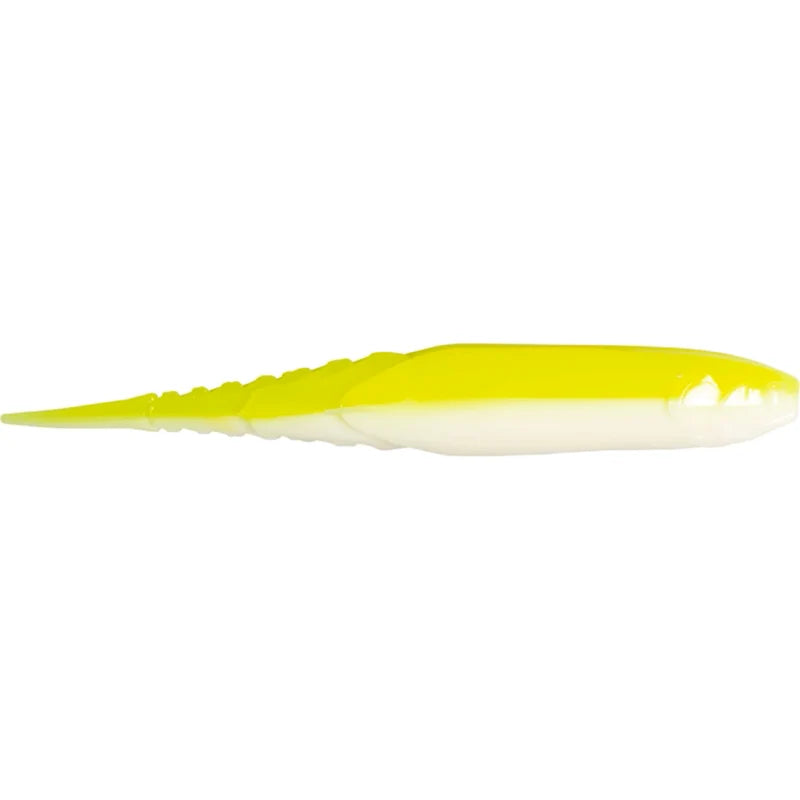 A soft plastic fishing lure shaped like a small baitfish, featuring a bright neon yellow top and a translucent white belly, shown against a plain white background.