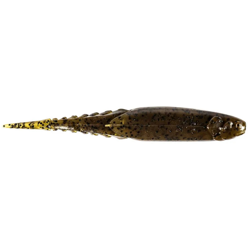 A soft plastic fishing lure shaped like a small fish, shown from the side against a plain white background. The lure is primarily dark brown with black mottled spots and a yellow-and-black spotted tail.
