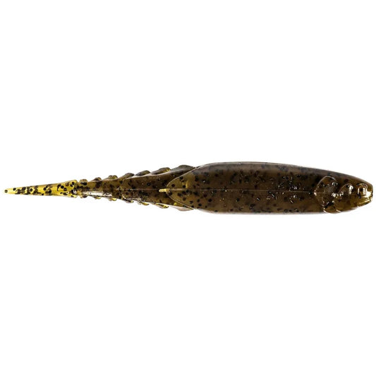 A soft plastic fishing lure shaped like a small fish, shown from the side against a plain white background. The lure is primarily dark brown with black mottled spots and a yellow-and-black spotted tail.