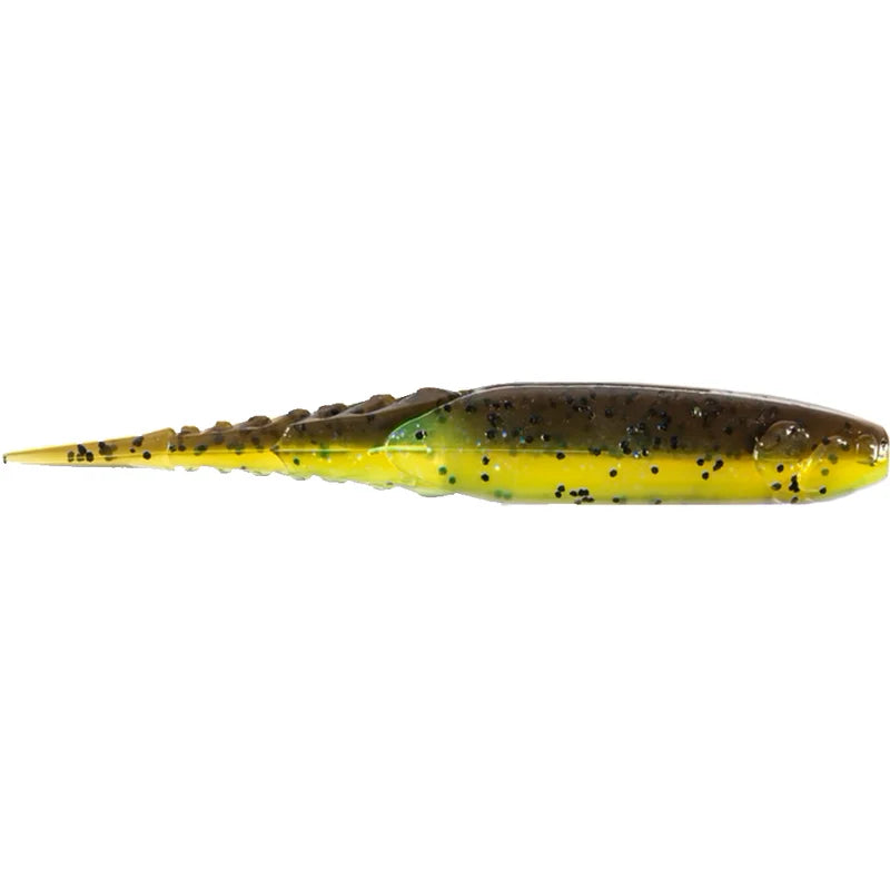 A soft plastic fishing lure with a translucent olive-brown top, a bright yellow-green underside, and black glitter speckles, shown against a plain white background.