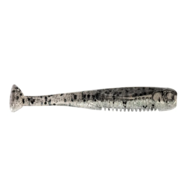 A soft plastic fishing lure shaped like a small fish, shown horizontally against a plain white background. The lure is semi-transparent with a mottled black and gray pattern.
