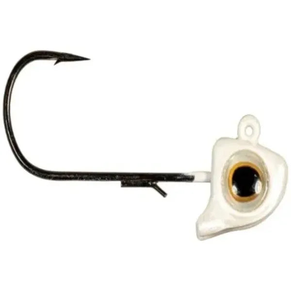 A fishing jig lure with a black hook, black shaft, and a white body featuring a realistic eye with a black pupil and gold accent.
