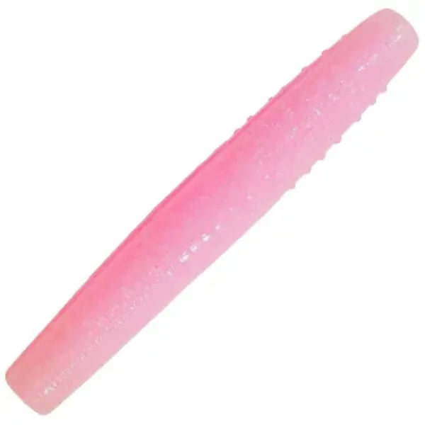 A pink soft plastic fishing lure tail with a textured, ribbed surface, shown diagonally on a plain white background.