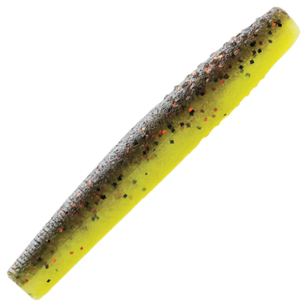 A soft plastic fishing lure tail with a bright chartreuse yellow-green body and a mottled dark gray-brown top covered in fine glitter, shown on a plain white background.