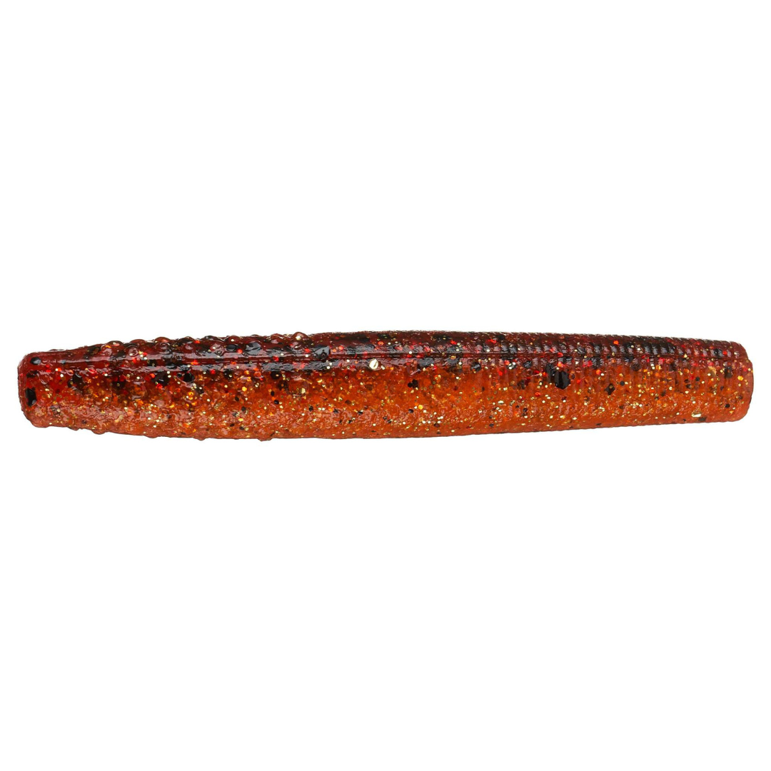 A single soft plastic fishing lure tail with a glittery orange-red body and black striping, shown horizontally against a plain white background.