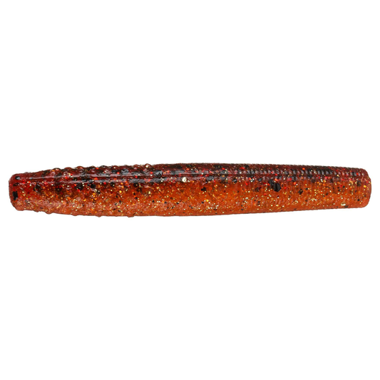 A single soft plastic fishing lure tail with a glittery orange-red body and black striping, shown horizontally against a plain white background.