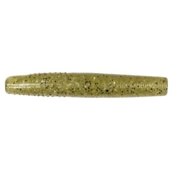 Textured olive green soft plastic fishing lure with black glitter.