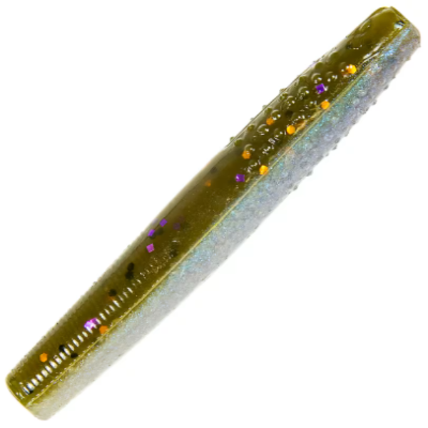 A single soft plastic fishing lure tail with a textured, ribbed body, featuring an olive green top half with embedded glitter and a translucent light blue-gray bottom half, shown on a solid white background.