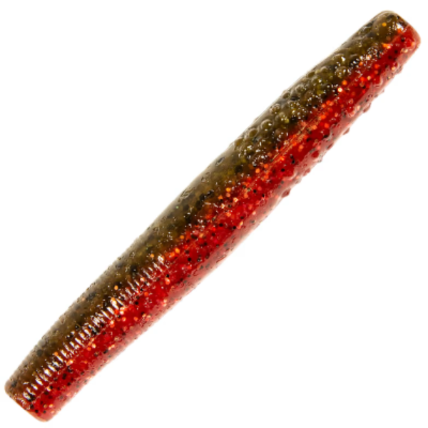 Angled green pumpkin and red glitter soft plastic fishing lure.