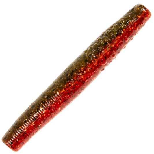 Angled green pumpkin and red glitter soft plastic fishing lure.